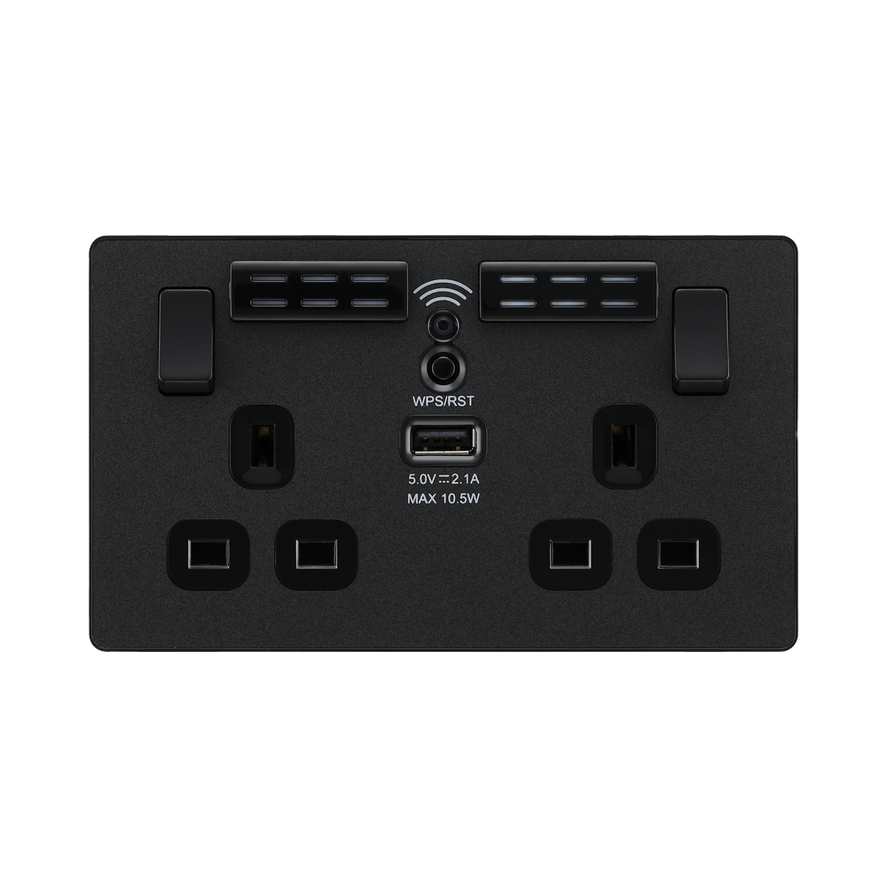 BG Evolve Matt Black WiFi Extender with 13A double USB Socket PCDMB22UWRB