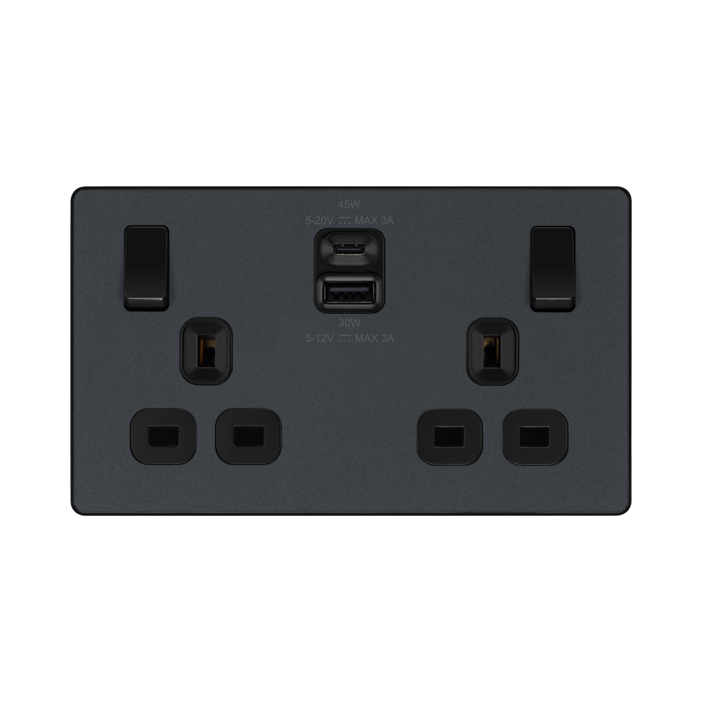 BG Evolve Matt Grey 13A Double USB Socket with 45W A+C Ports PCDMG22UAC45B