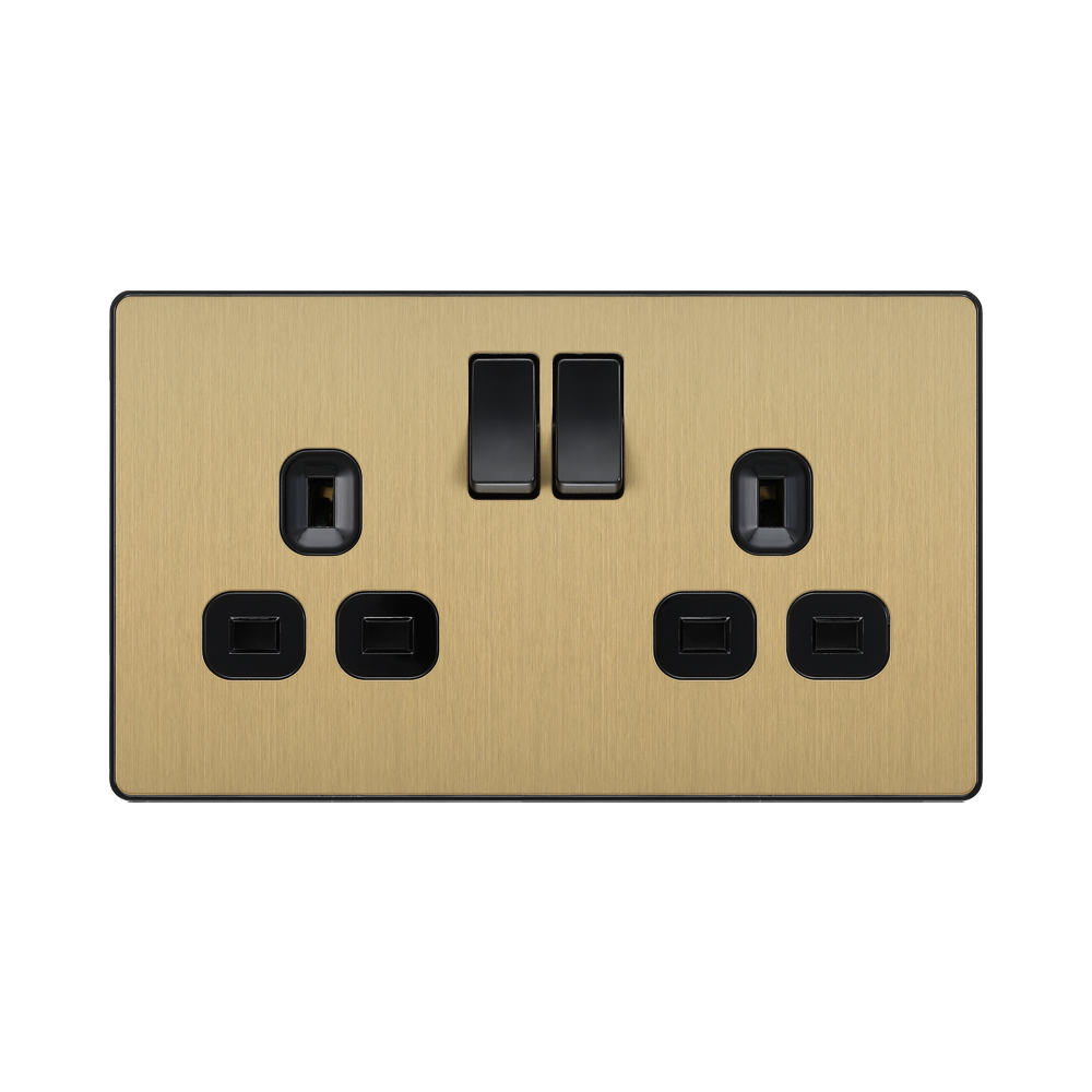 Front view of BG Evolve Satin Brass 13A Double Socket