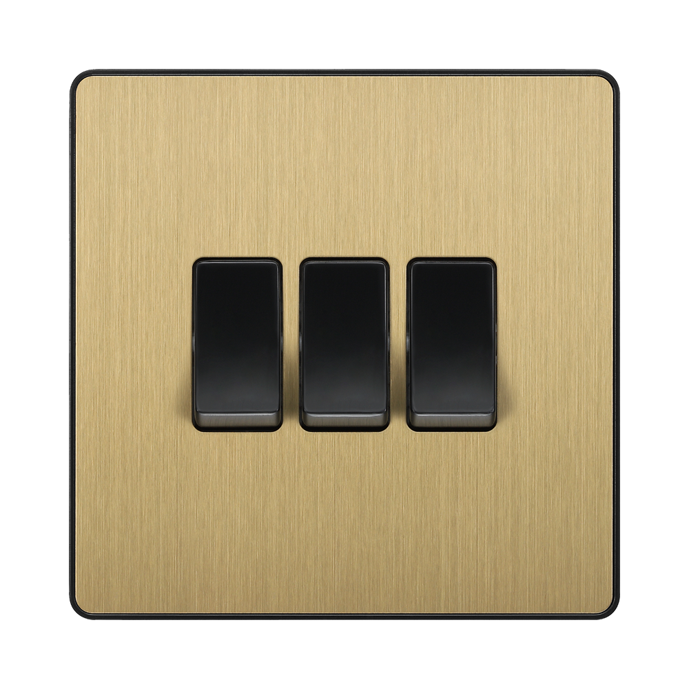 Front view of BG Evolve Satin Brass 3G 2W Light Switch