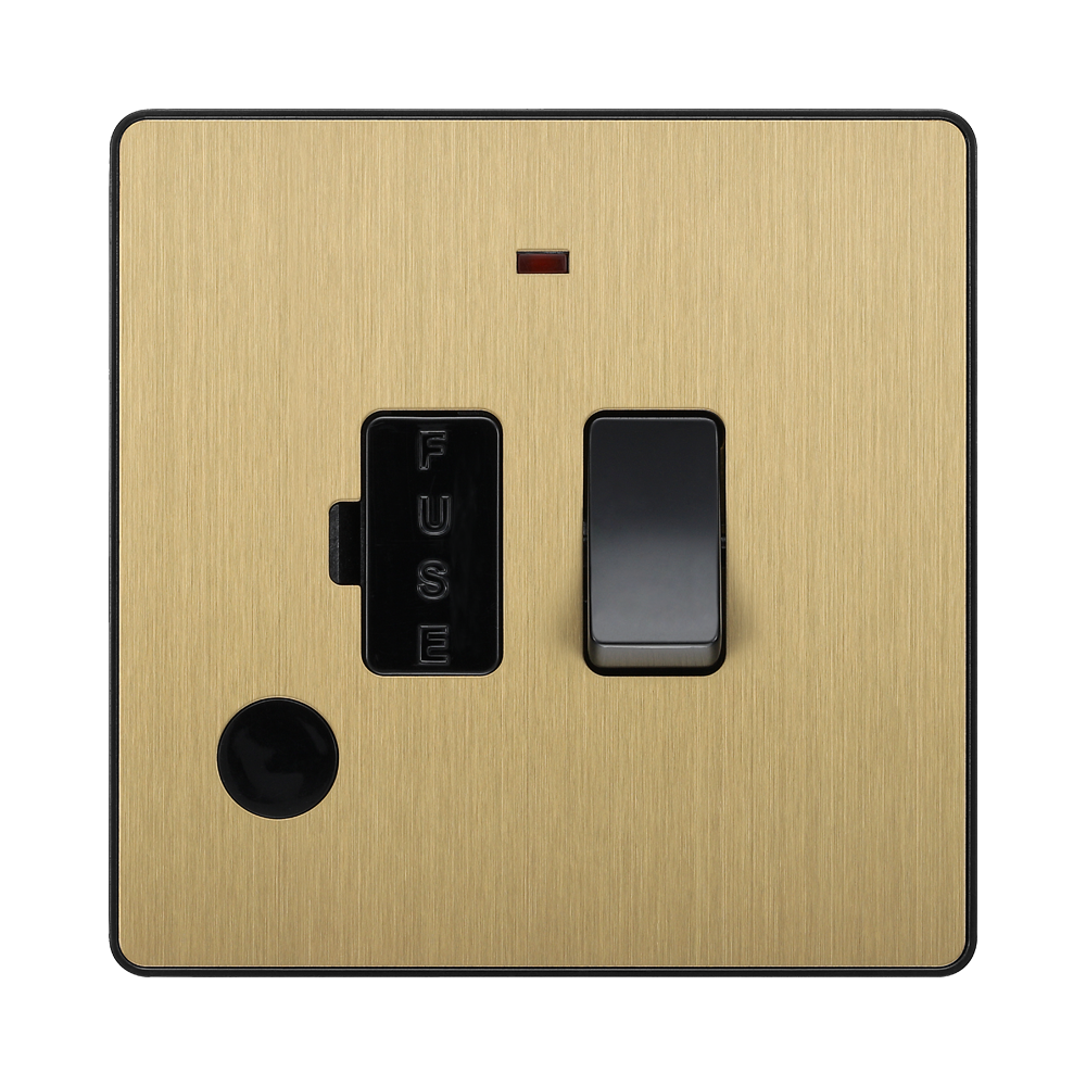 Front view of BG Evolve Satin Brass 13A Switched Spur with LED and Flex Outlet
