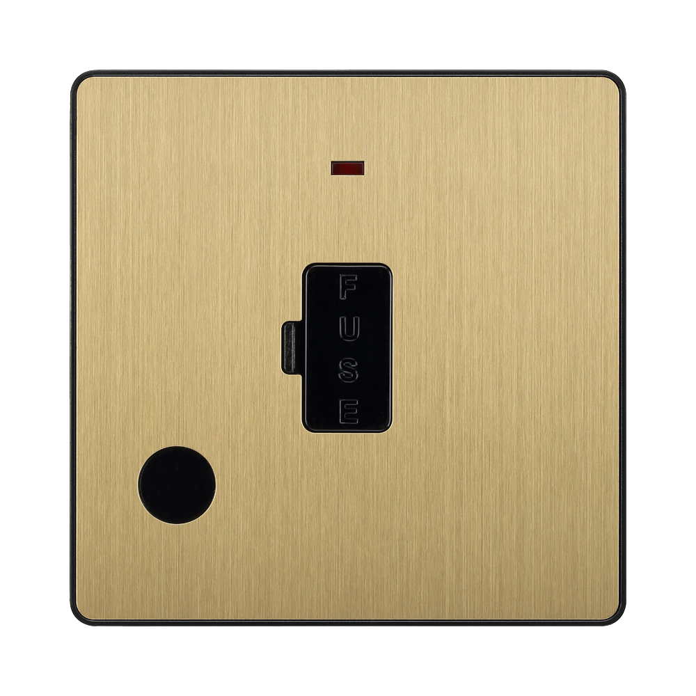 Front view of BG Evolve Satin Brass 13A Unswitched Spur with LED and Flex Outlet