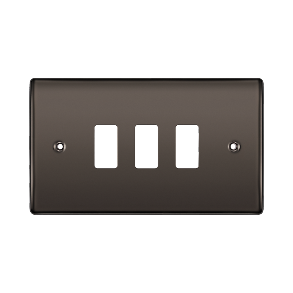 Brown light switch panel with three white rocker switches on a white background