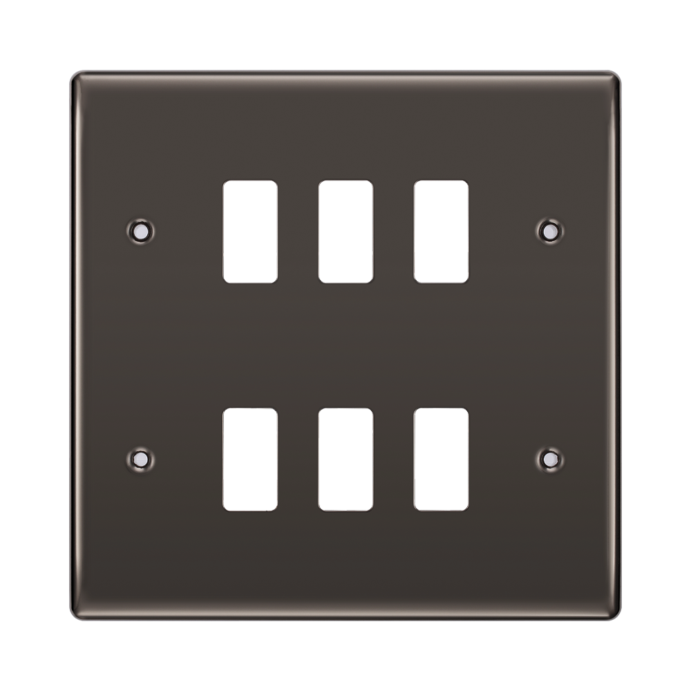 Black wall plate with six white rocker switches on a white background