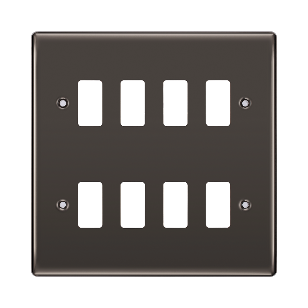 Black wall plate with eight white slots on a white background