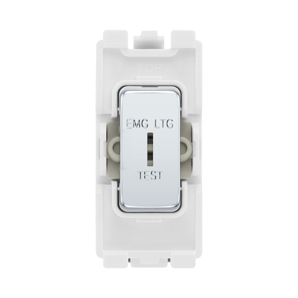 BG Electrical Polished Chrome 20AX 2 Way Key Grid Switch Printed 'EMG LGT TEST' RPC12EL – product view 1