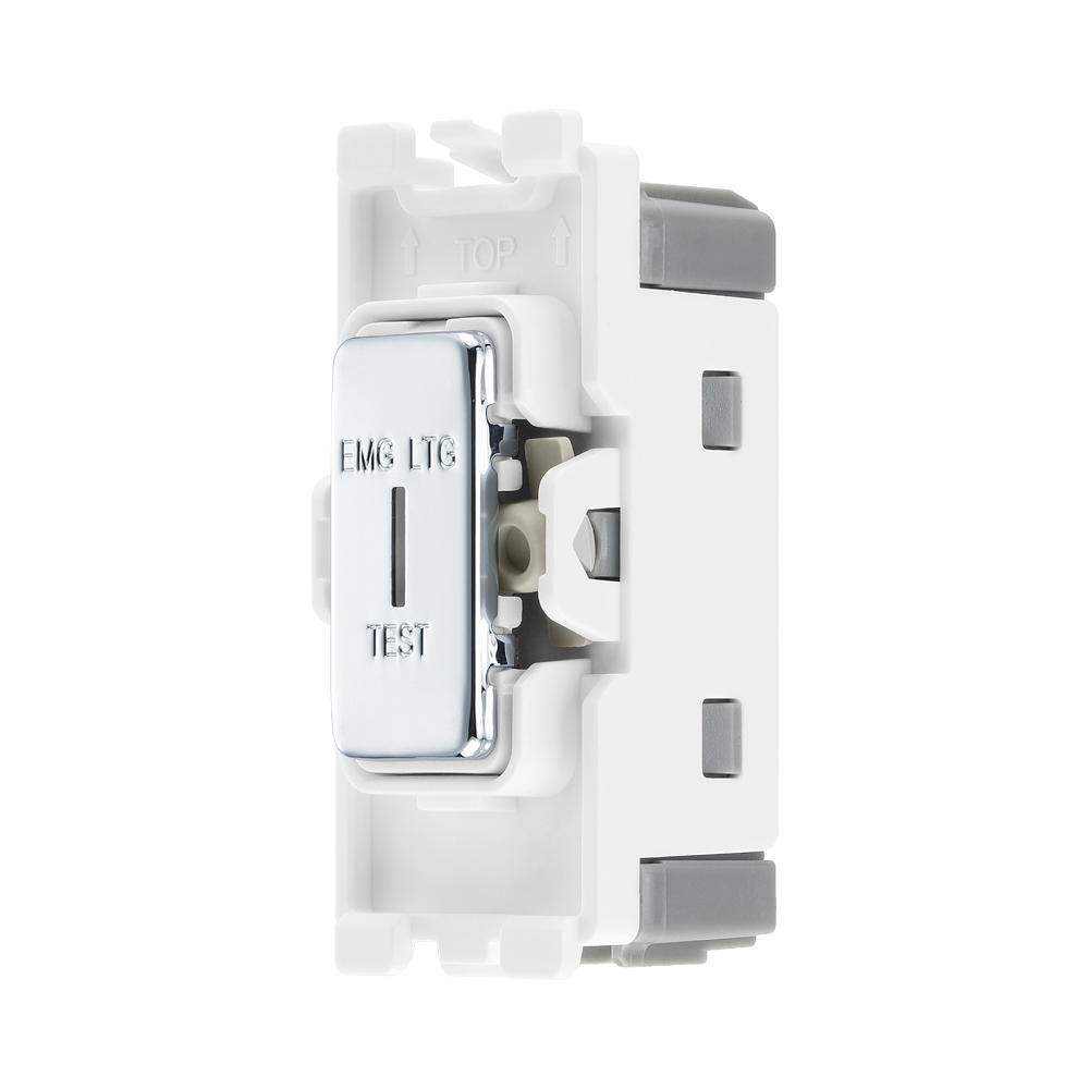 BG Electrical Polished Chrome 20AX 2 Way Key Grid Switch Printed 'EMG LGT TEST' RPC12EL – product view 2