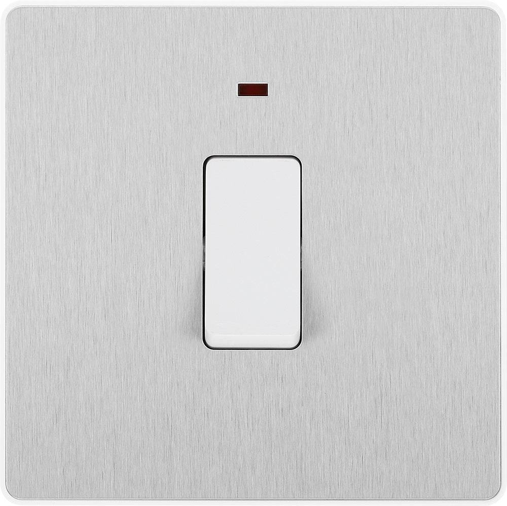 Evolve Polycarbonate Brushed Steel 20A Double Pole Switch with Neon PCDBS31W - The Switch Depot