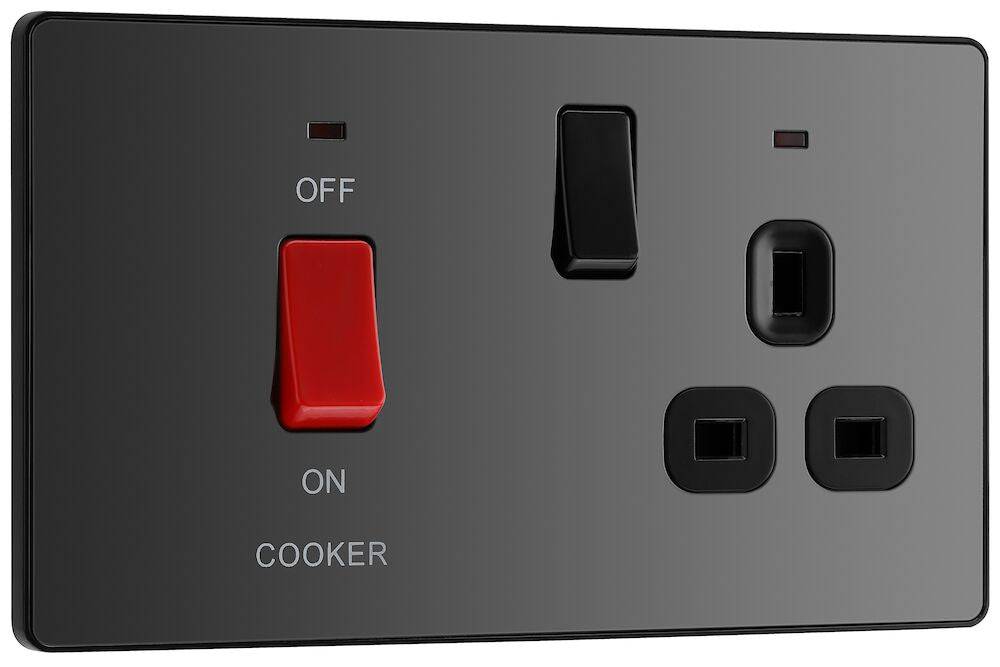 Evolve Polycarbonate Black Chrome Cooker Switch with 13A Socket PCDBC70B - The Switch Depot