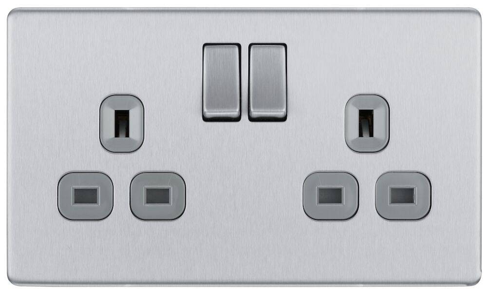 BG Screwless Brushed Steel Double Socket FBS22G - The Switch Depot