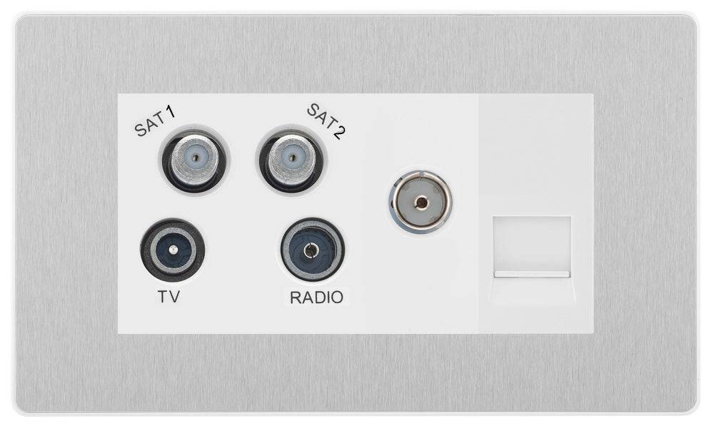 Evolve Polycarbonate Brushed Steel Quadplex Combination TV Socket PCDBSQUAD2W - The Switch Depot