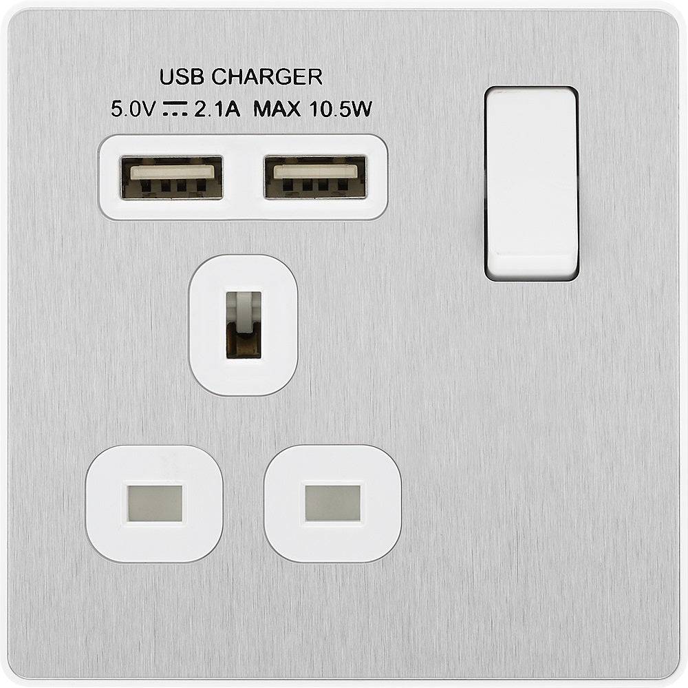 Evolve Polycarbonate Brushed Steel Single USB Socket PCDBS21U2W - The Switch Depot