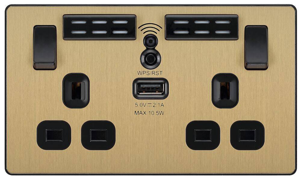 Evolve Polycarbonate Satin Brass Double USB Socket with WiFi Extender PCDSB22UWRB - The Switch Depot