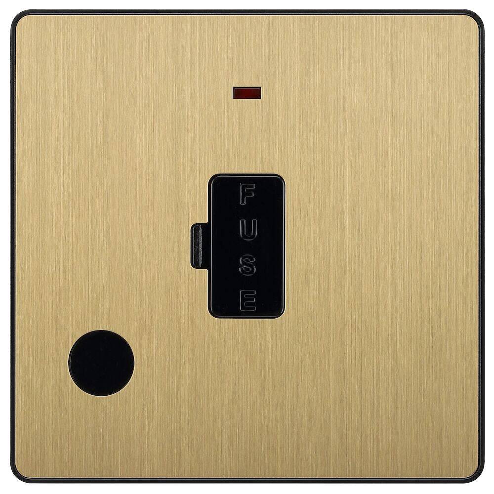 Evolve Polycarbonate Satin Brass 13A Unswitched Spur with Neon and Flex Outlet PCDSB54B - The Switch Depot