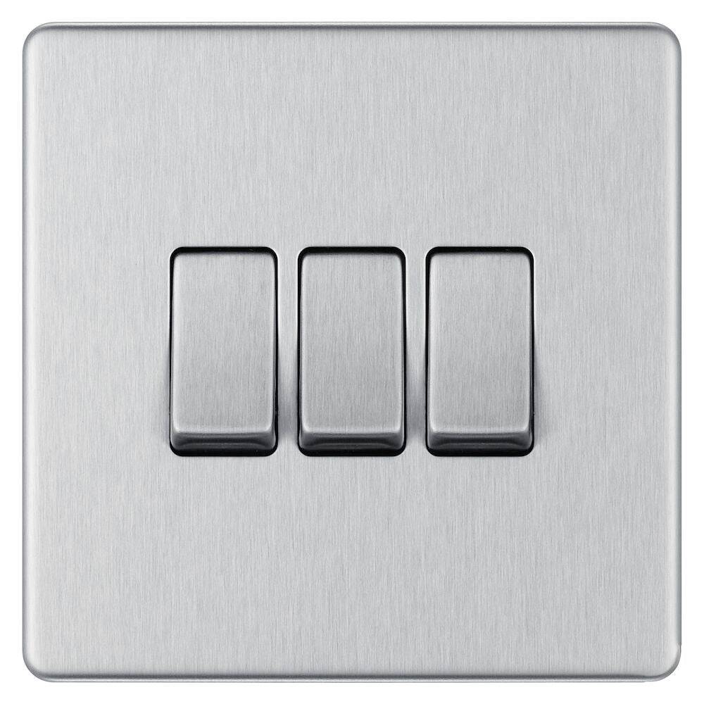 BG Screwless Brushed Steel 3G Light Switch FBS43 - The Switch Depot