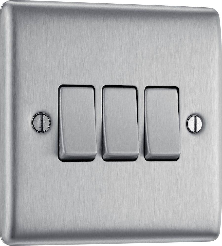 Nexus Metal Brushed Steel Light Switch 3G NBS43 - The Switch Depot