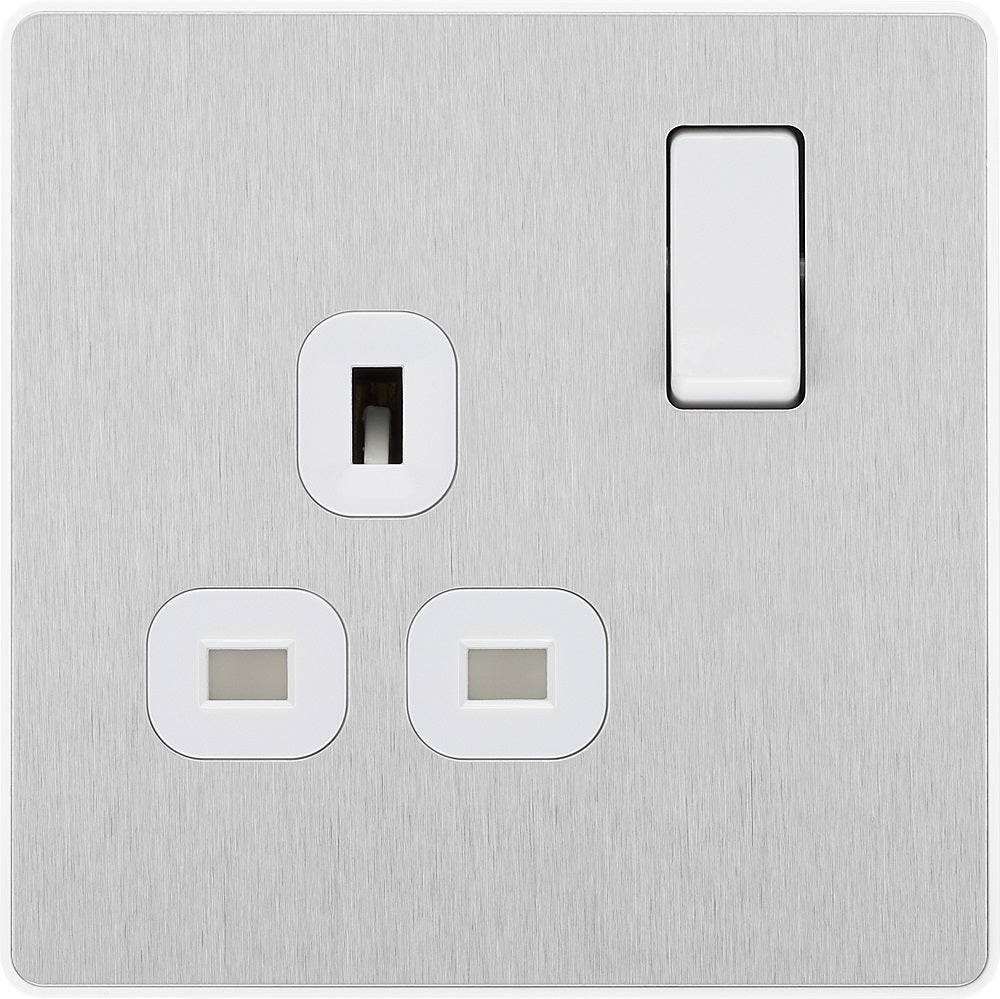 Evolve Polycarbonate Brushed Steel Single Socket PCDBS21W - The Switch Depot