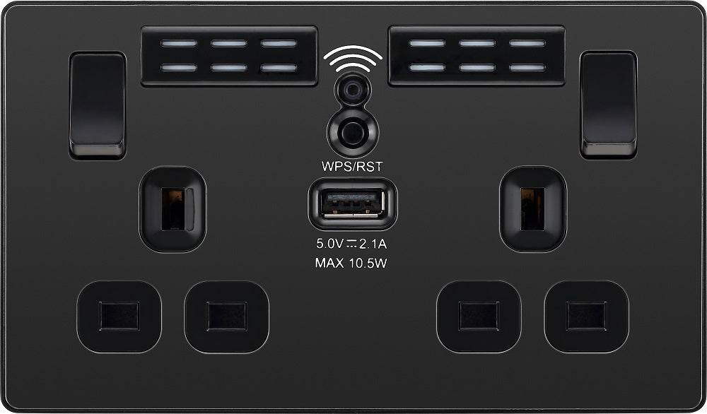 Evolve Polycarbonate Black Chrome Double USB Socket with WiFi Extender PCDBC22UWRB - The Switch Depot