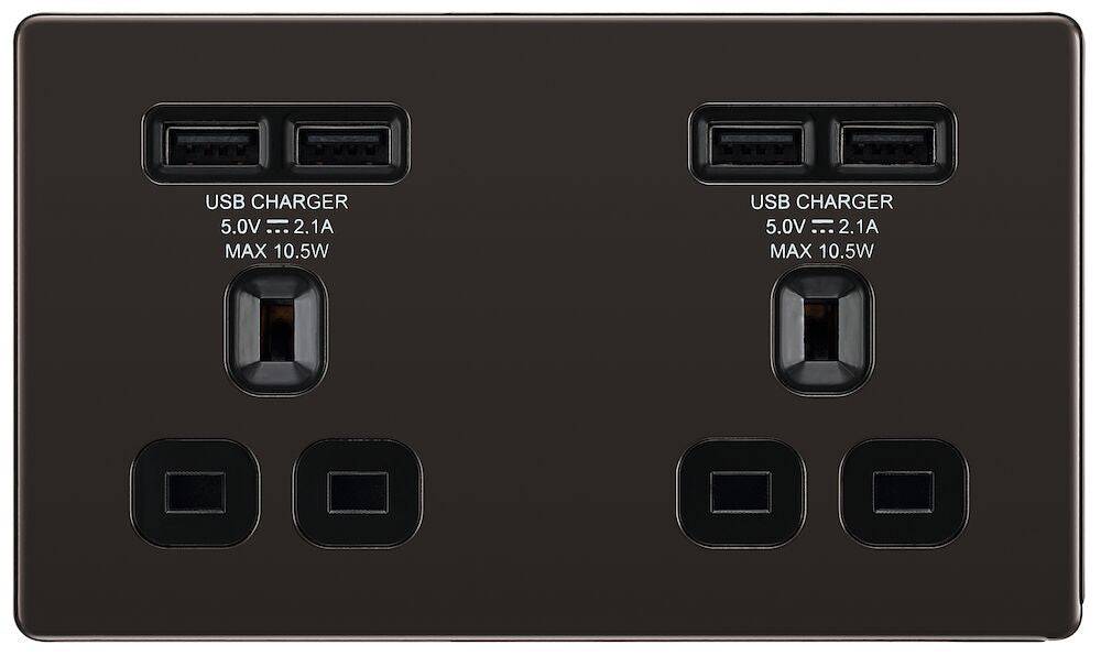 BG Screwless Black Nickel Double Unswitched USB Socket FBN24U44B - The Switch Depot
