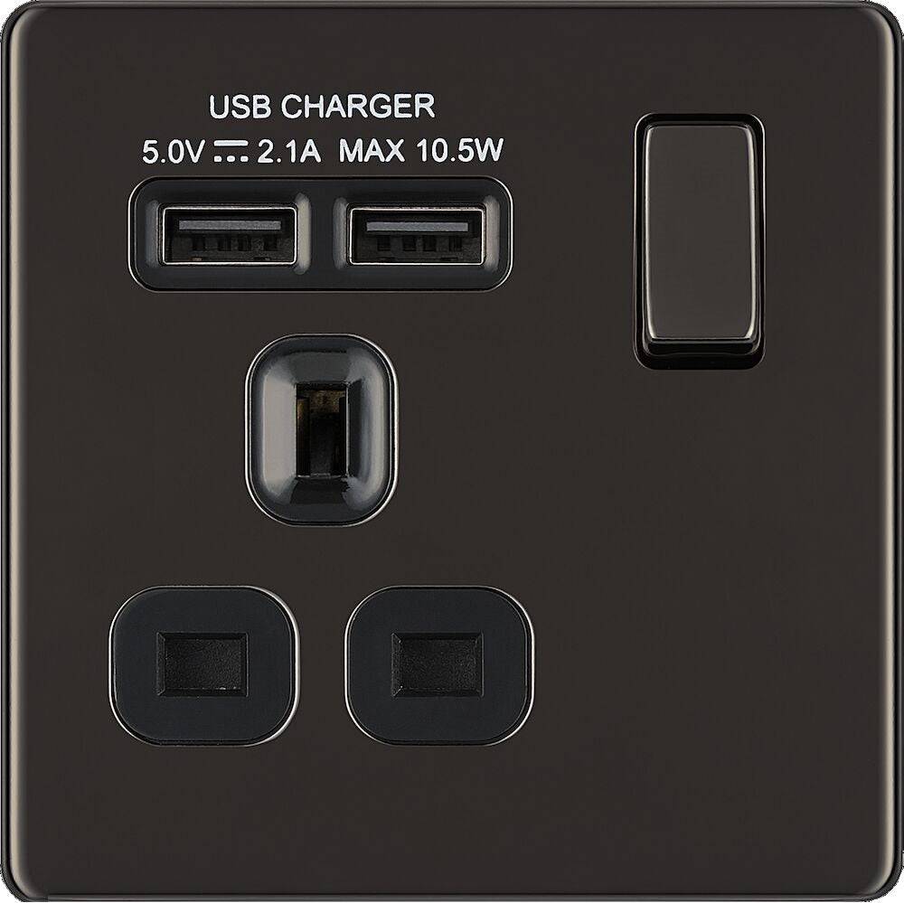 BG Screwless Black Nickel Single USB Socket FBN21U2B - The Switch Depot