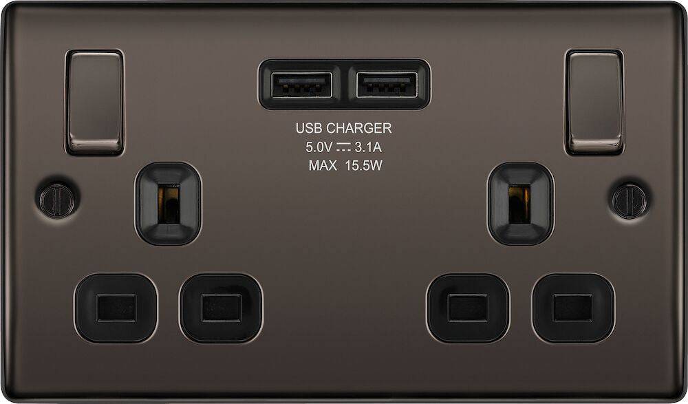 Nexus Metal Black Nickel Double USB Socket NBN22U3B - The Switch Depot