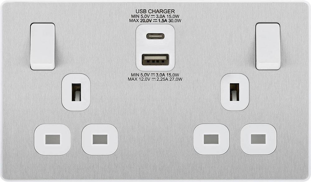 Evolve Polycarbonate Brushed Steel Double USB Socket with A+C Ports PCDBS22UAC30W - The Switch Depot