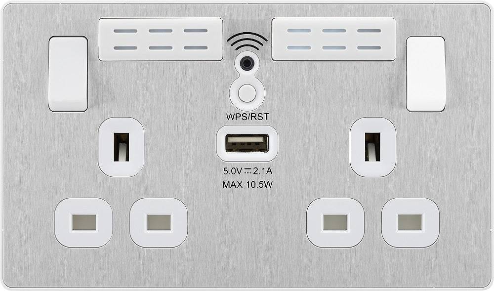 Evolve Polycarbonate Brushed Steel Double USB Socket with WiFi Extender PCDBS22UWRW - The Switch Depot