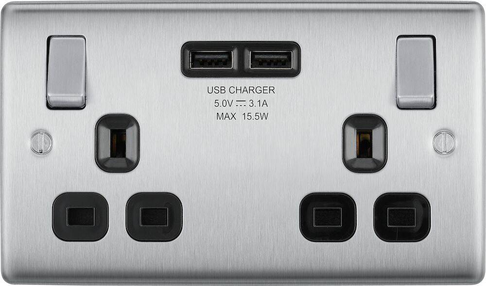 Nexus Metal Brushed Steel Double USB Socket NBS22U3B - The Switch Depot