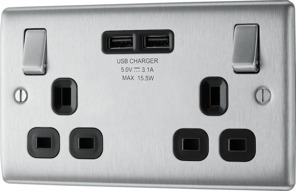 Nexus Metal Brushed Steel Double USB Socket NBS22U3B - The Switch Depot