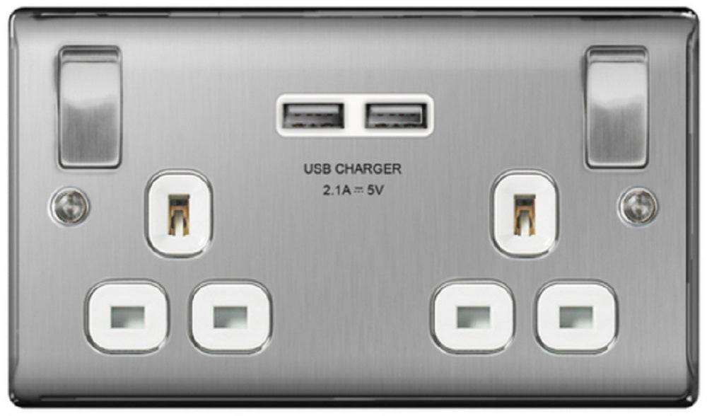 Nexus Metal Brushed Steel Double USB Socket NBS22U3W - The Switch Depot