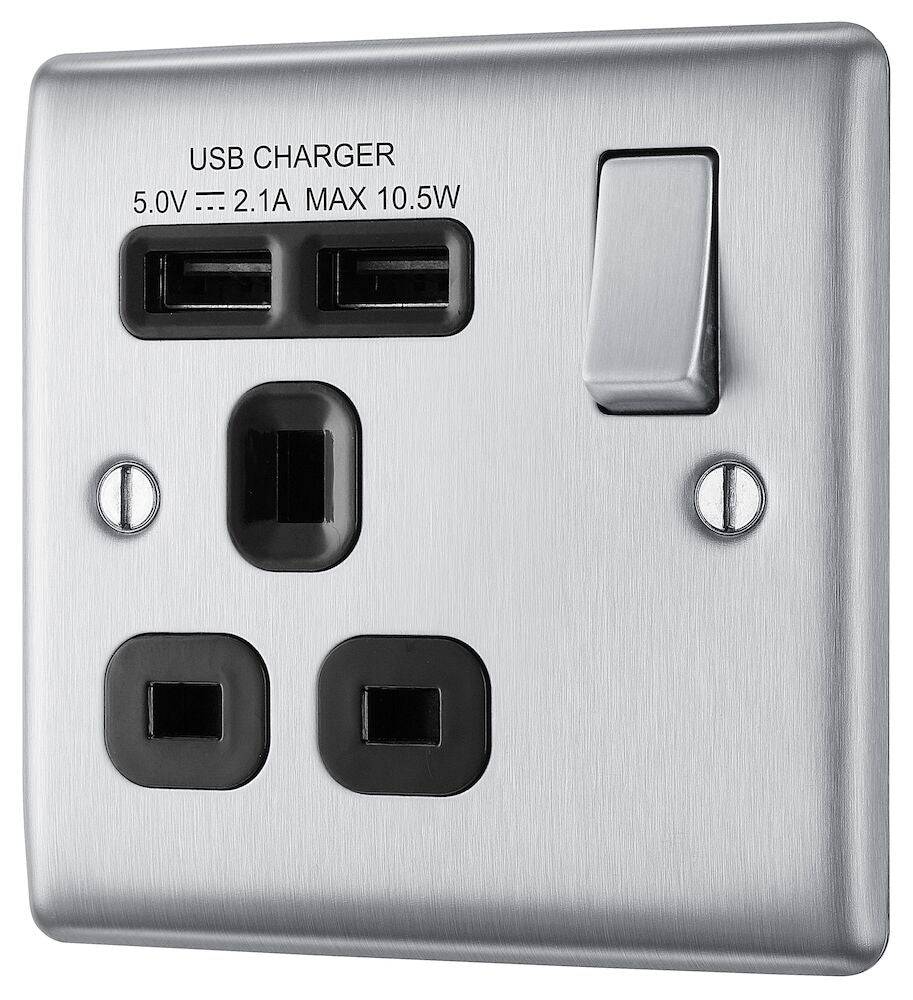 Nexus Metal Brushed Steel Single USB Socket NBS21U2B - The Switch Depot