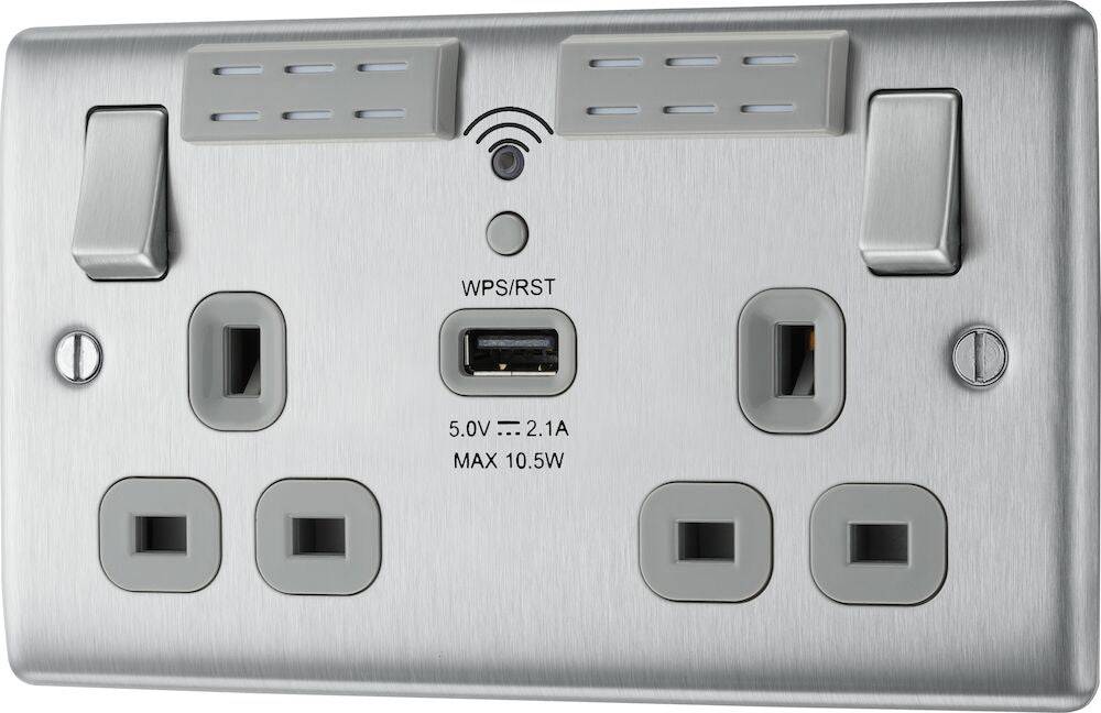 Nexus Metal Brushed Steel Wi-Fi Extender USB Socket NBS22UWRG - The Switch Depot