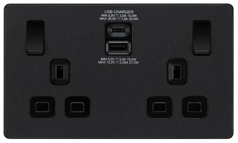 Evolve Polycarbonate Matt Black Double USB Socket with A+C Ports PCDMB22UAC30B - The Switch Depot