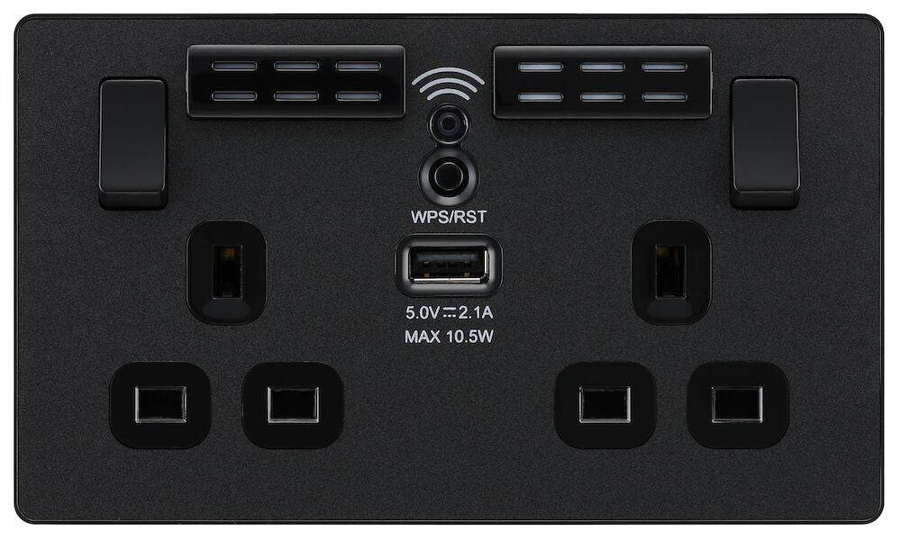 Evolve Polycarbonate Matt Black Double USB Socket with WiFi Extender PCDMB22UWRB - The Switch Depot