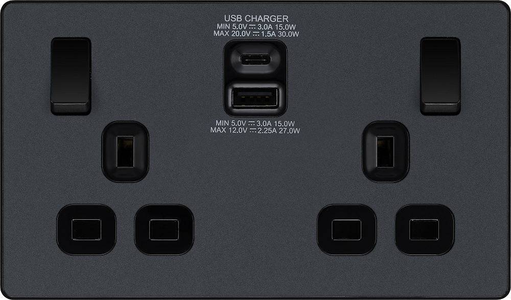 Evolve Polycarbonate Matt Grey Double USB Socket with A+C Ports PCDMG22UAC30B - The Switch Depot
