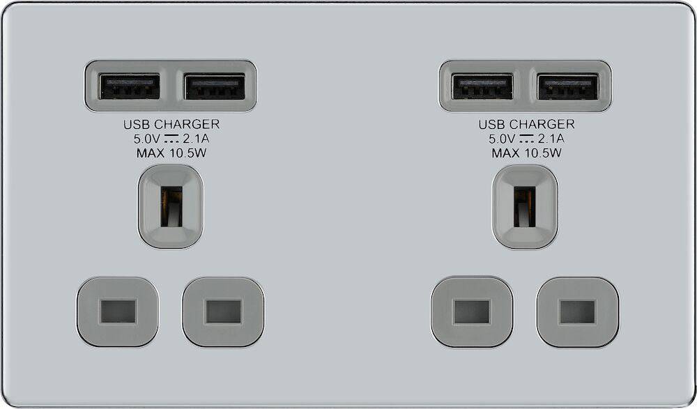 BG Screwless Polished Chrome Double Unswitched USB Socket FPC24U44G - The Switch Depot