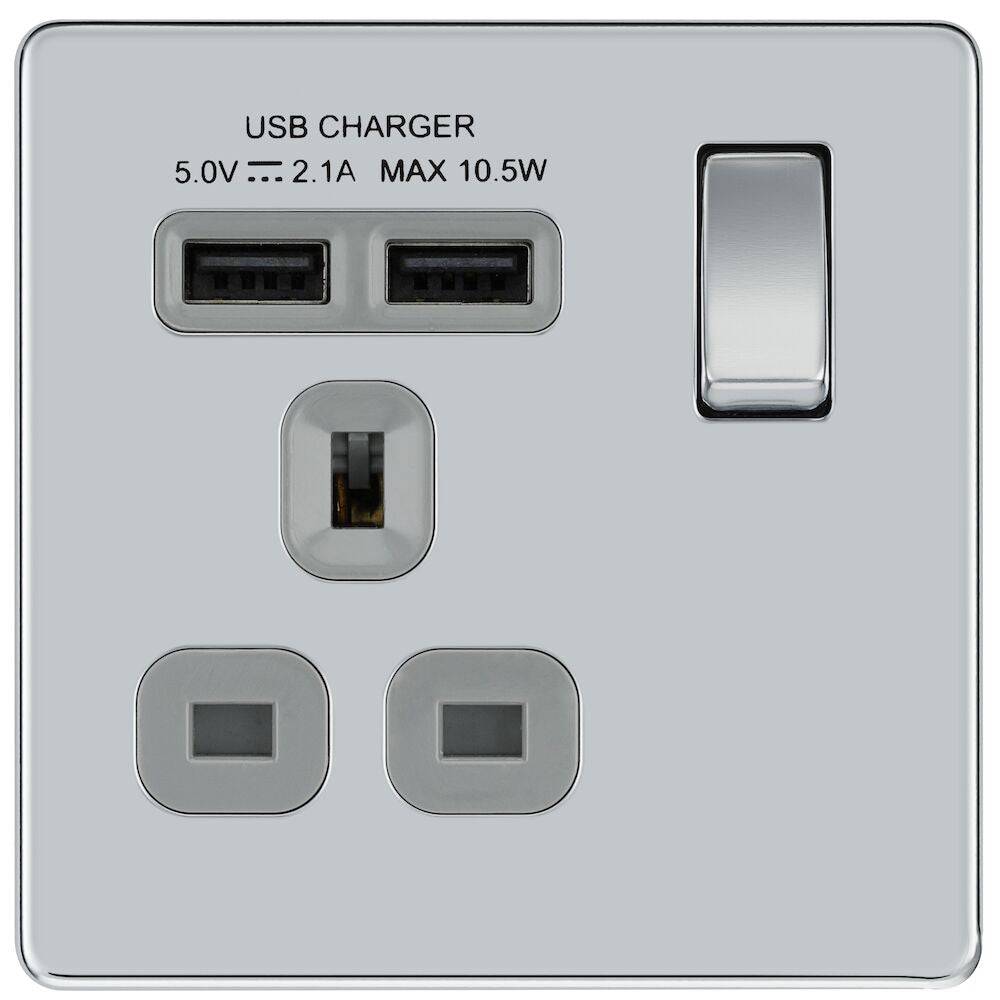 BG Screwless Polished Chrome Single USB Socket FPC21U2G - The Switch Depot