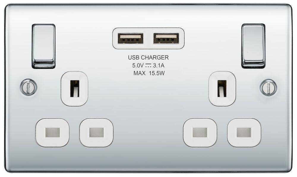 Nexus Metal Polished Chrome Double USB Socket NPC22U3W - The Switch Depot