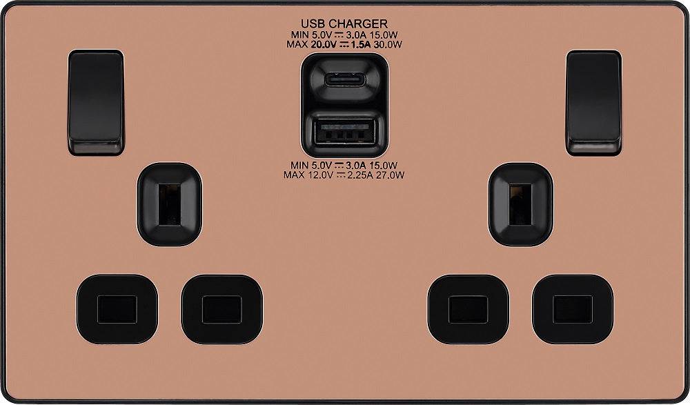 Evolve Polycarbonate Polished Copper Double USB Socket with A+C Ports PCDCP22UAC30B - The Switch Depot