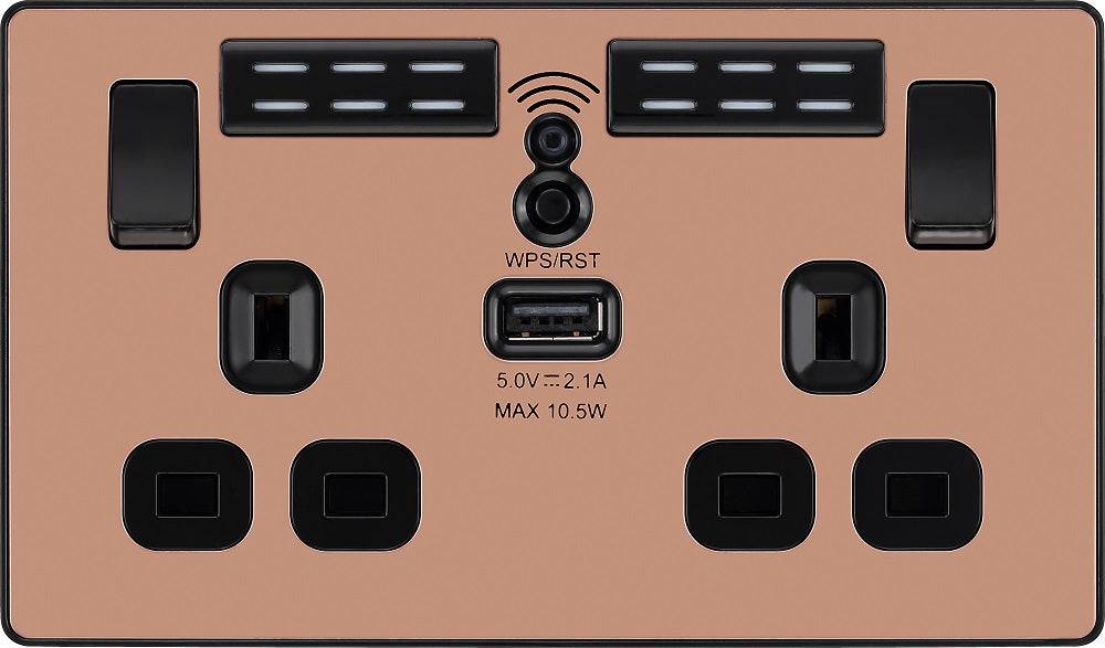 Evolve Polycarbonate Polished Copper Double USB Socket with WiFi Extender PCDCP22UWRB - The Switch Depot