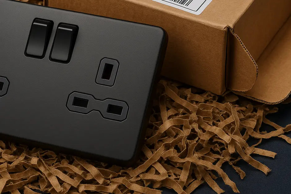 matt black socket sat next to packaging with shredded cardboard 