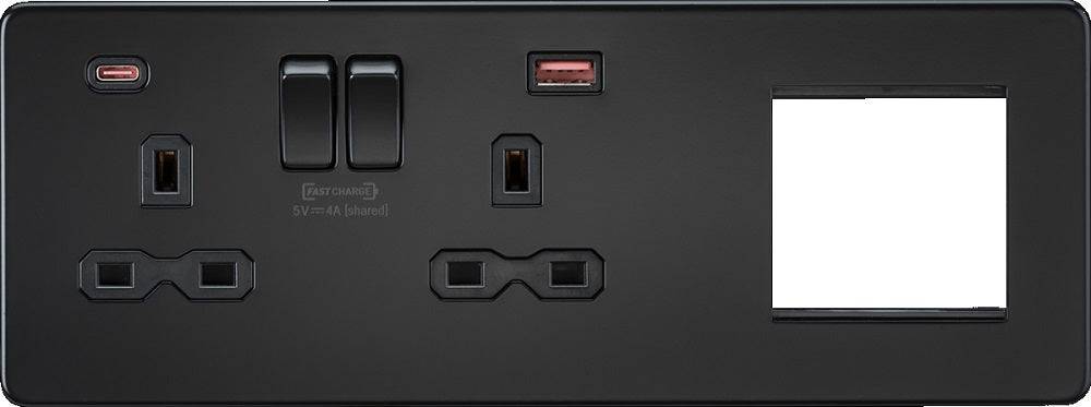 Knightsbridge Screwless Matt Black Double Socket with 2G Euro Plate ...