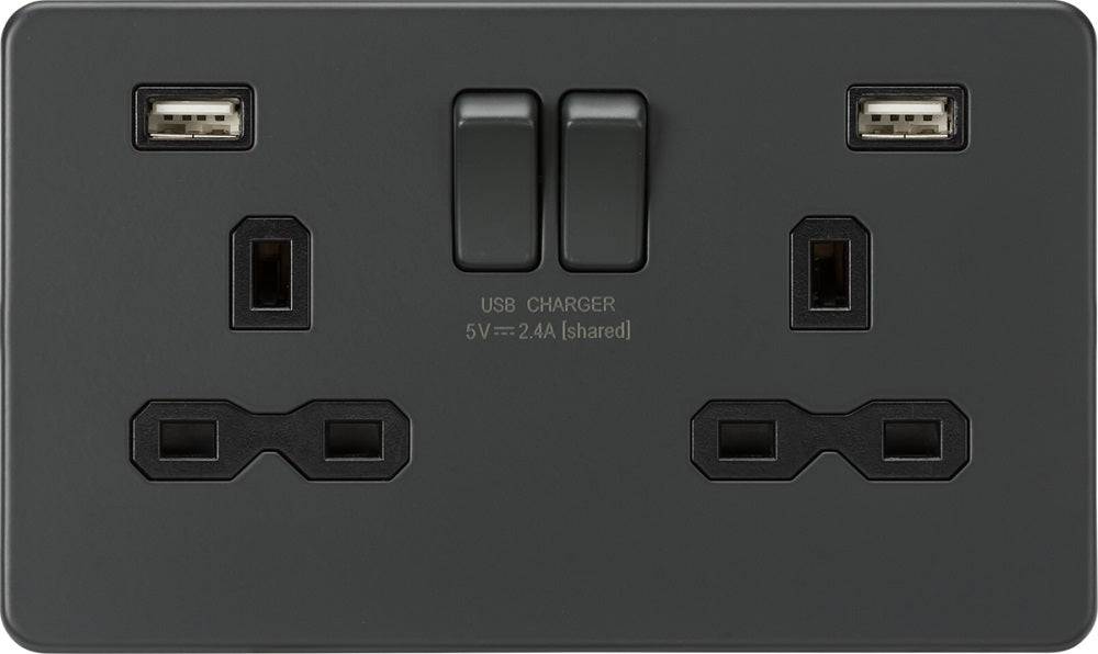 Knightsbridge Screwless Anthracite Double USB Socket SFR9224AT - The Switch Depot