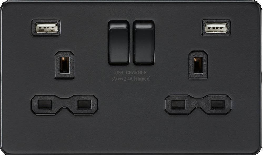Knightsbridge Screwless Matt Black Double USB Socket SFR9224MBB - The Switch Depot