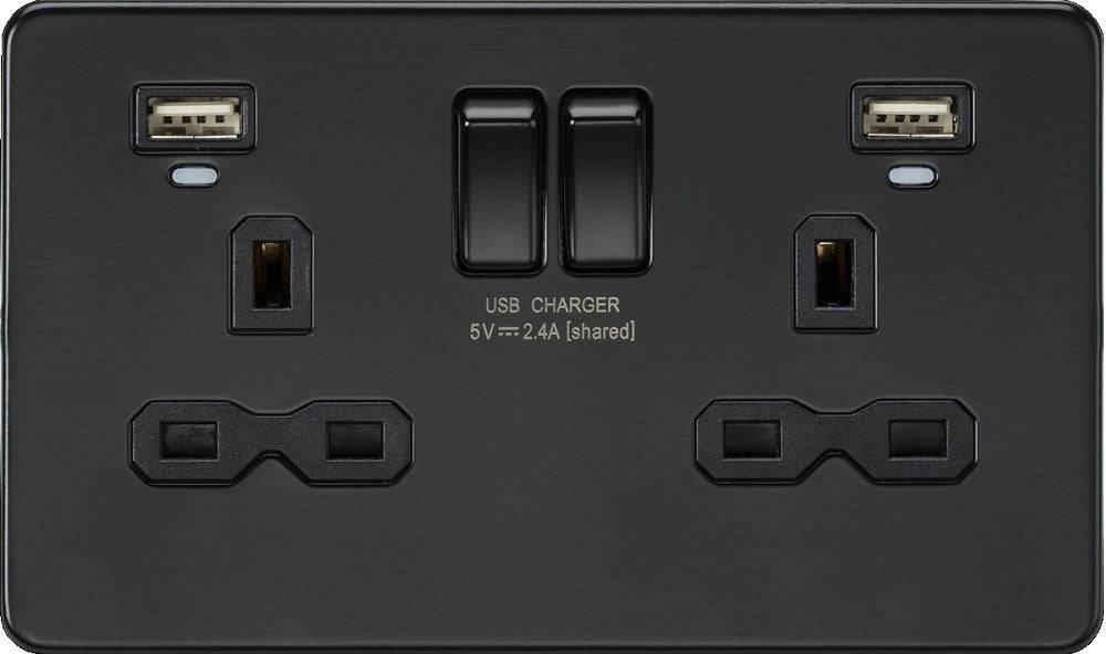 Knightsbridge Screwless Matt Black Double USB Socket with Neon SFR9904NMBB - The Switch Depot
