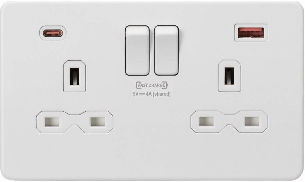 Knightsbridge Screwless Matt White Double A+C USB Socket SFR9909MW - The Switch Depot