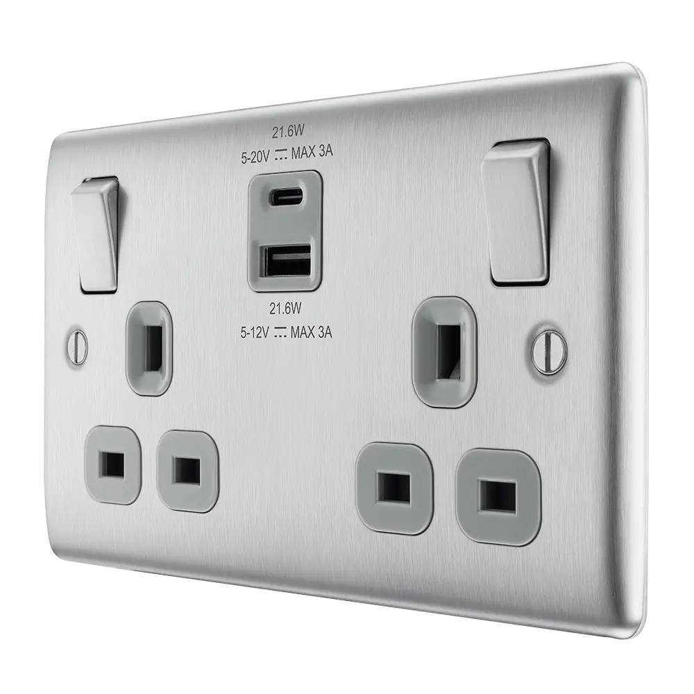 nexus brushed steel double usb socket 