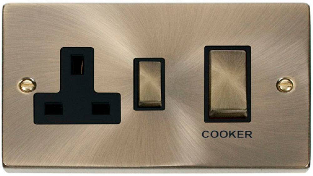 Click Deco Antique Brass 45A Cooker Switch with 13A Socket VPAB504BK - The Switch Depot