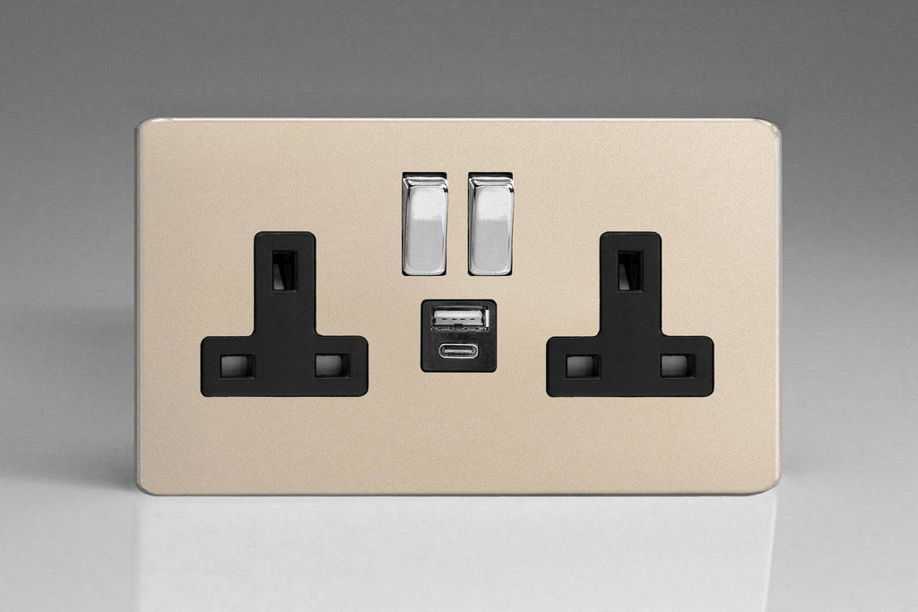 Varilight Screwless Satin Double USB Socket with A+C Ports XDN5UACBS - The Switch Depot